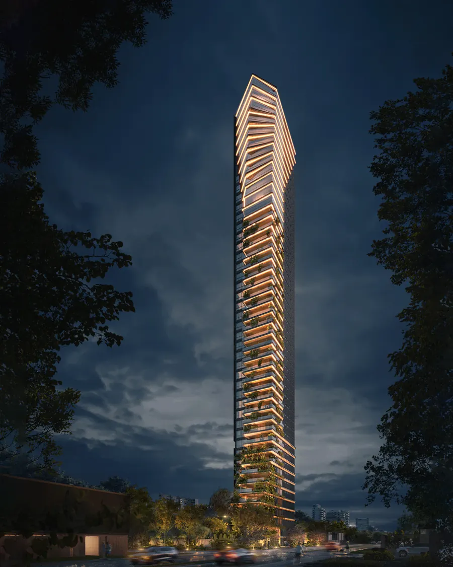 Perspectiva ilustrativa da fachada noturna do Alti, torre com varandas iluminadas
