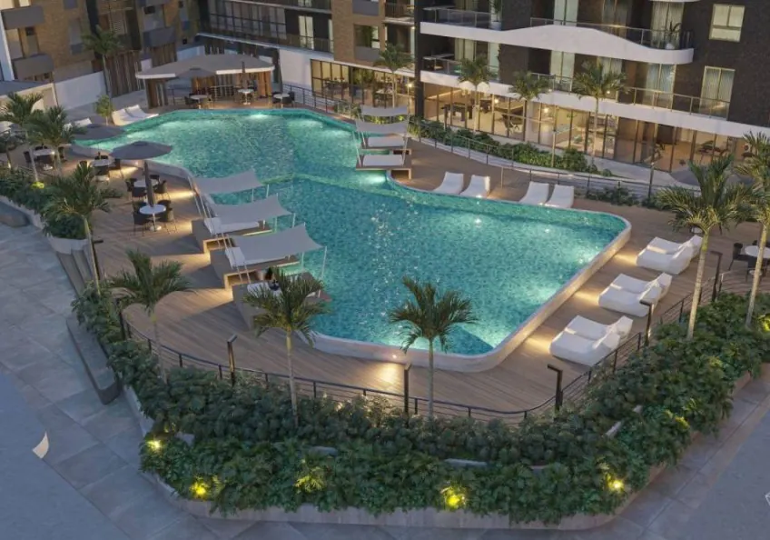 Perspectiva ilustrativa da área de lazer do Acqua Living, com piscina e deck